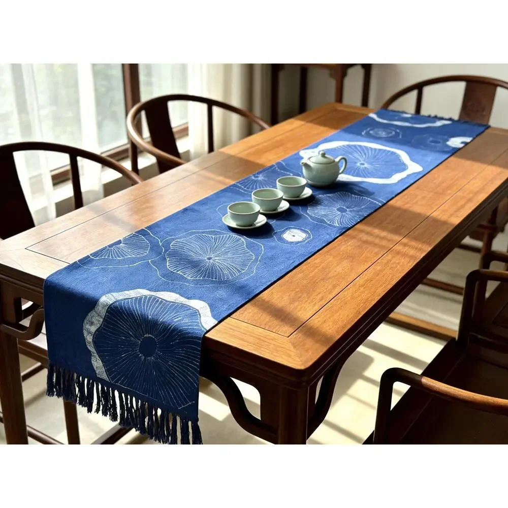 Handmade Cotton Table Runner | Indigo Batik | Lotus Decor | Botanical Dining